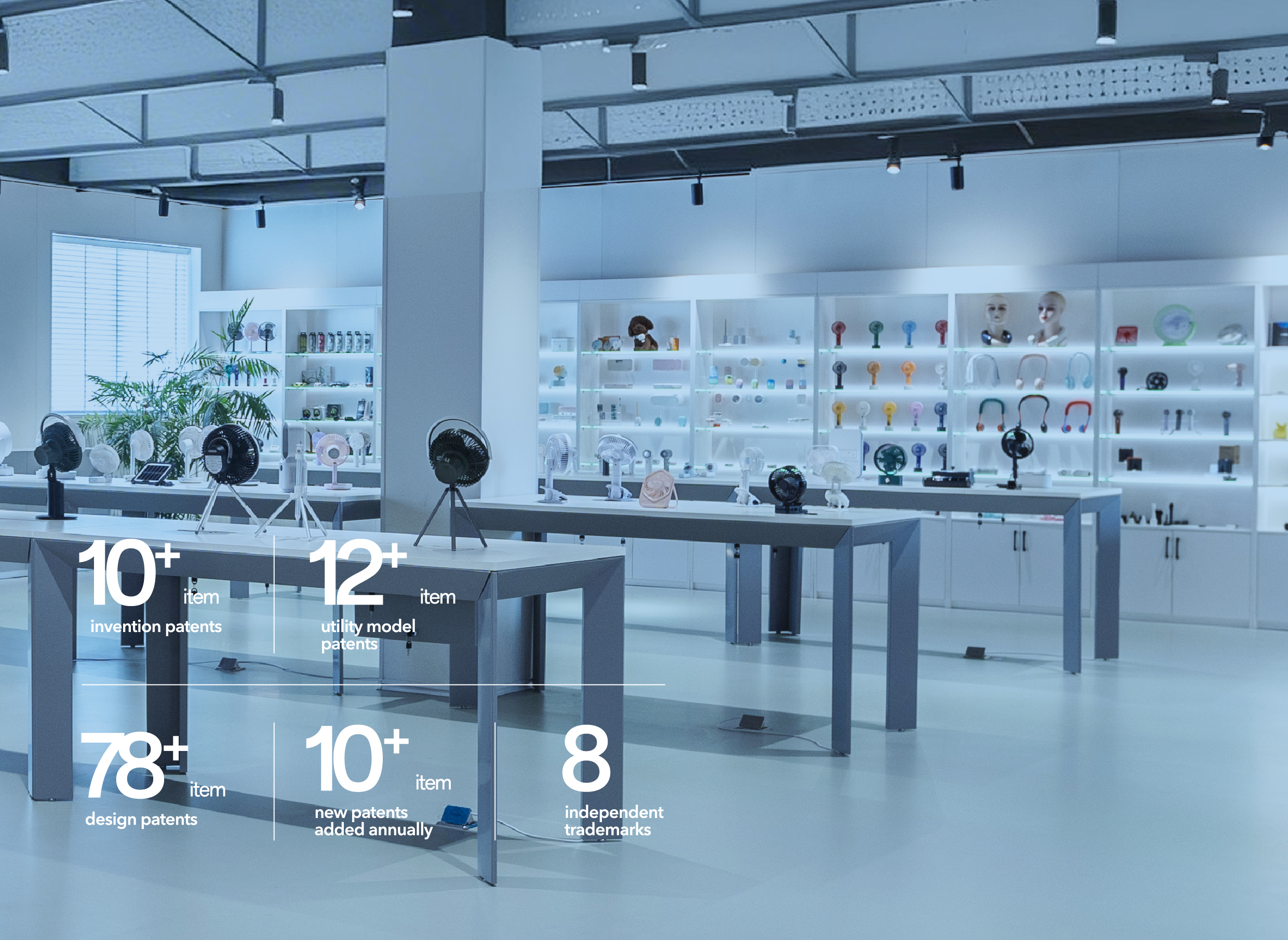 SIMTIFUL innovation showroom — 10+ invention patents, 12+ utility model patents, 78+ design patents, 10+ new patents added annually, 8 independent trademarks